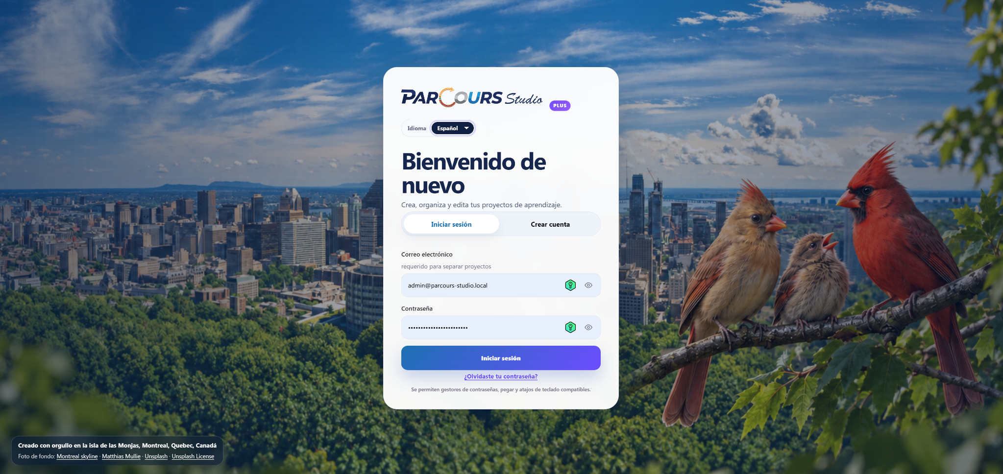 ParCours Studio English account creation screen