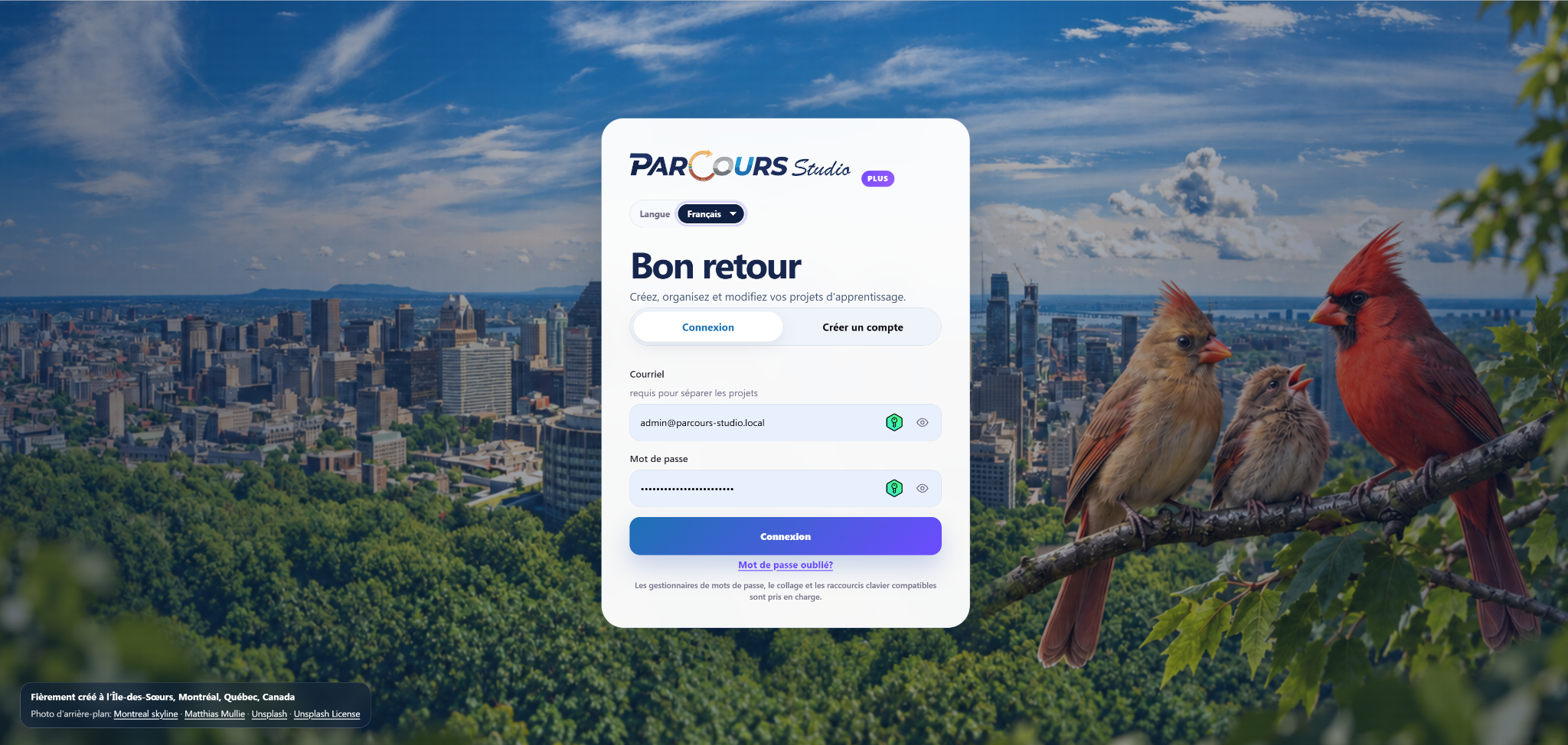 ParCours Studio secure login screen